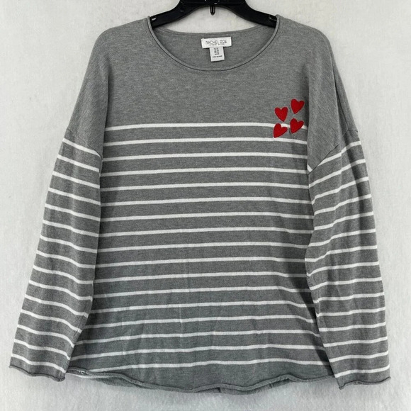 Rachel Zoe Top Women's Sz 1X Gray White Striped Red Embroidered Hearts Pullover - Picture 1 of 12